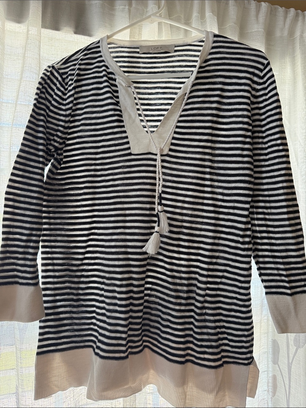 LOFT Black & White Striped V-Neck Tassel Tunic